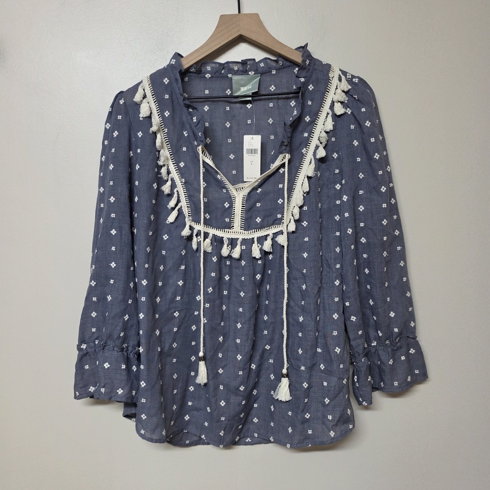 MAEVE Womens Sawyer Peasant Blouse Large Blue Embroidered Boho Babydoll Chic NWT
